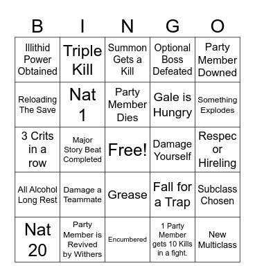 Baldur's Gate 3 Bingo Card