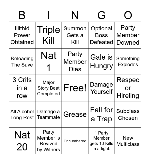 Baldur's Gate 3 Bingo Card