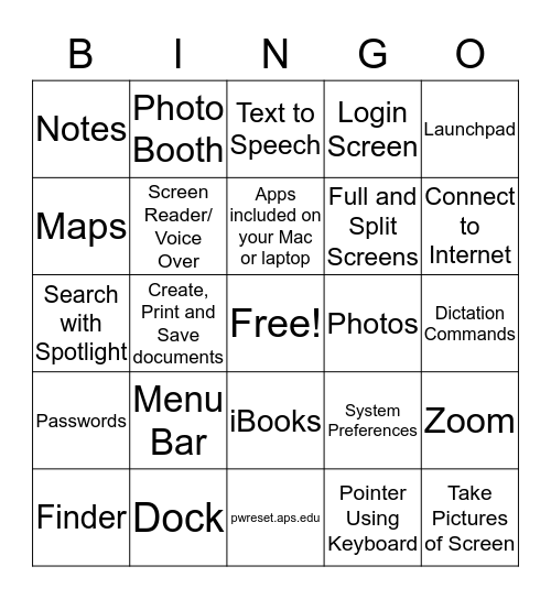 Mac Basics Bingo Card