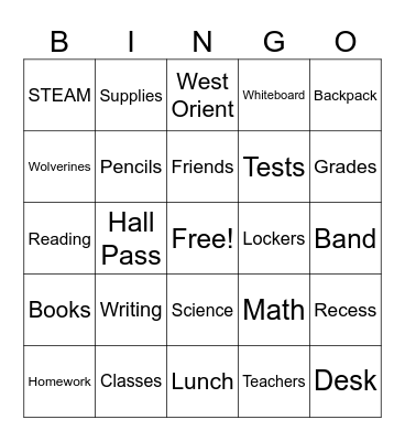 Back to School Bingo Card