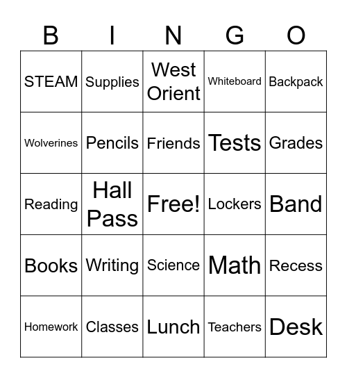 Back to School Bingo Card