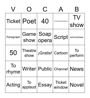 4.3 Vocabulario y números Bingo Card