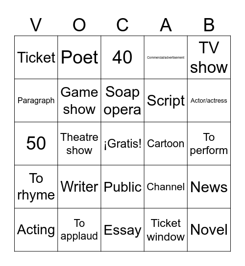 4.3 Vocabulario y números Bingo Card