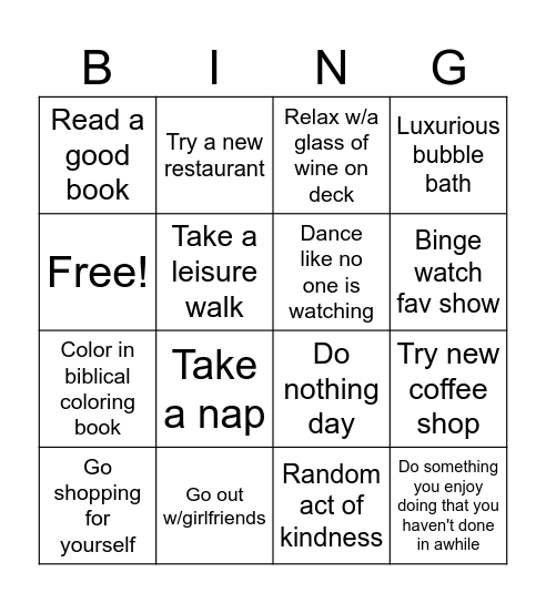 Self-care Bingo Card