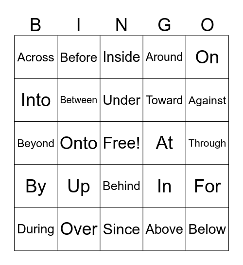 Prepositions Bingo Card