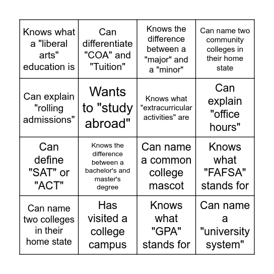 College Guidance Lingo Bingo Card