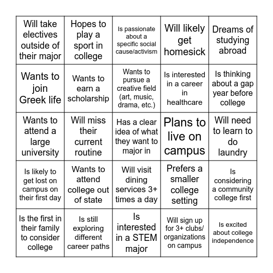 College Aspirations & Personal Connections Bingo Card