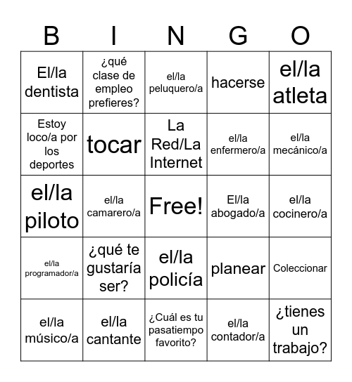 Unidad 8/Las profesiones y los pasatiempos Bingo Card