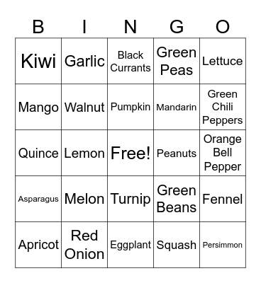 Fruits & Veggies Bingo Card