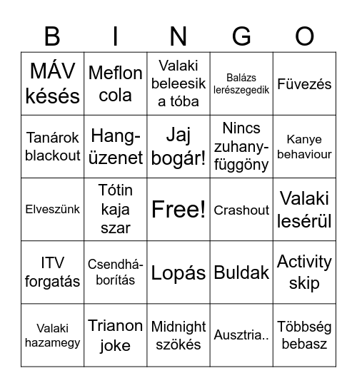Osztály Kirándulás 2.0 Bingo Card