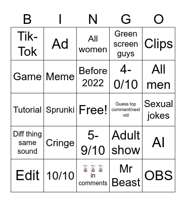 Shorts Bingo Card