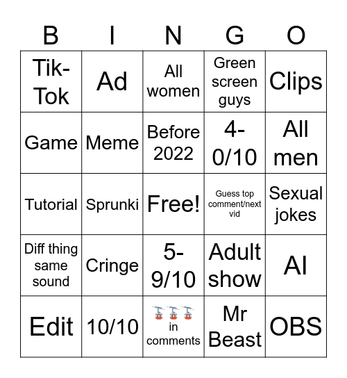 Shorts Bingo Card