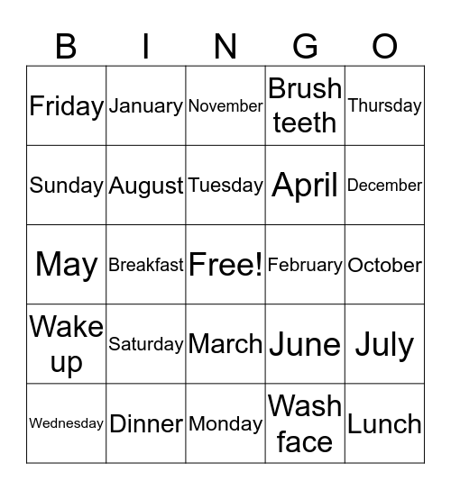 DAYS and MONTHS Bingo Card