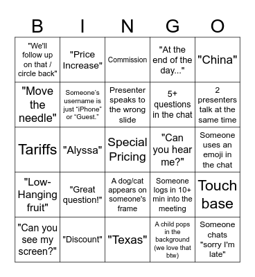 AML Sales Update Bingo Card