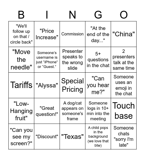 AML Sales Update Bingo Card