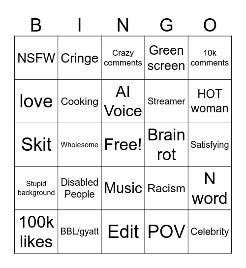 Instagram reels Bingo Card