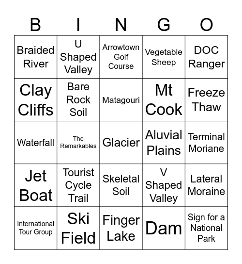 South Island High Country Bingo Card