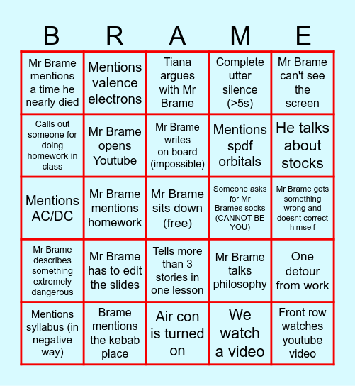 Mr Brames Chem Bingo Card