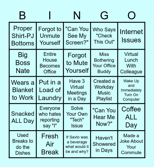 Savio Work From Home Bingo Card