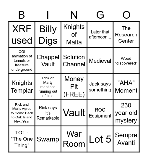 S12 E25 Curse of Oak Island 5.20.25 Bingo Card