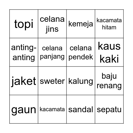 Pakaian Bingo Card