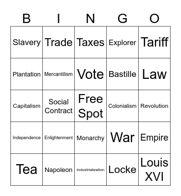 Alternative Futures: 18th Century Bingo Card