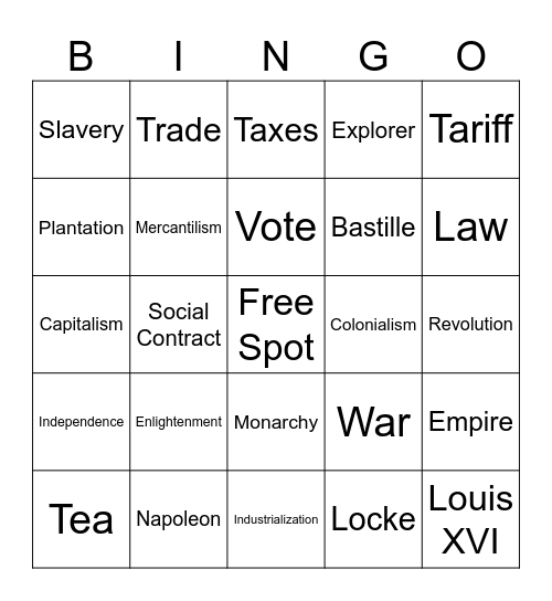 Alternative Futures: 18th Century Bingo Card