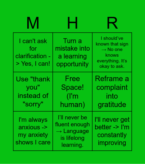 Mental Health Reframing Bingo Card