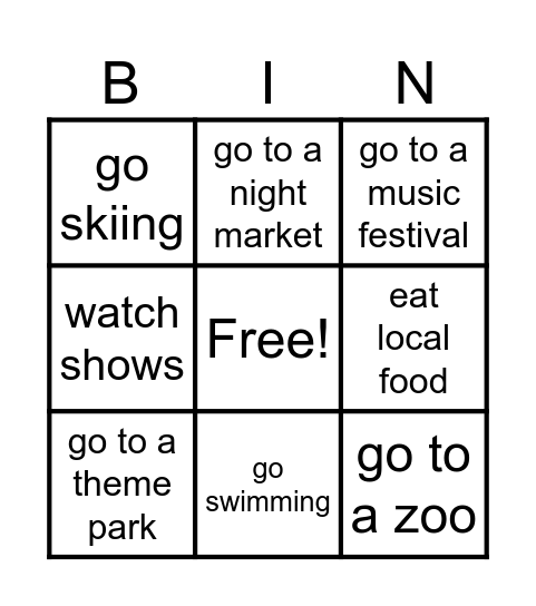 Travelling activity！ Bingo Card