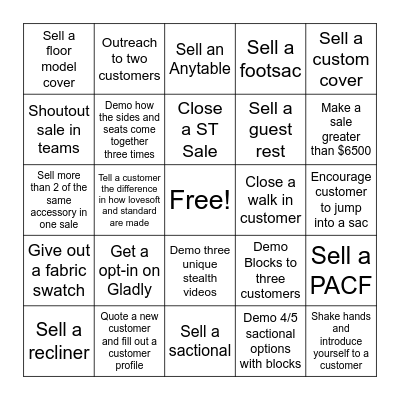 Lovesac Bingo Card