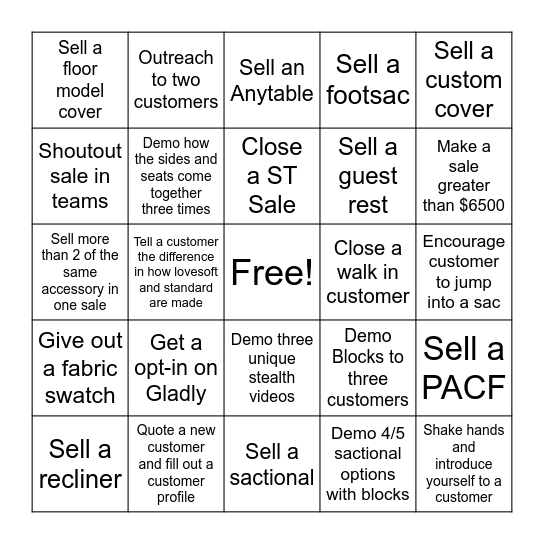 Lovesac Bingo Card