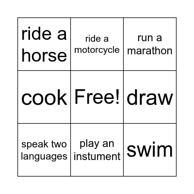 Bingo Skills Bingo Card