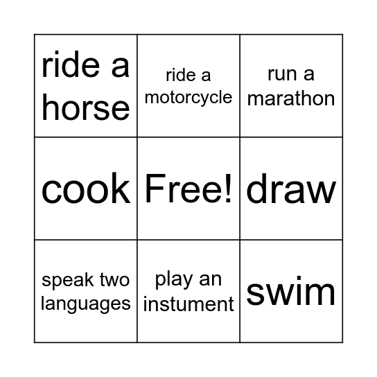 Bingo Skills Bingo Card