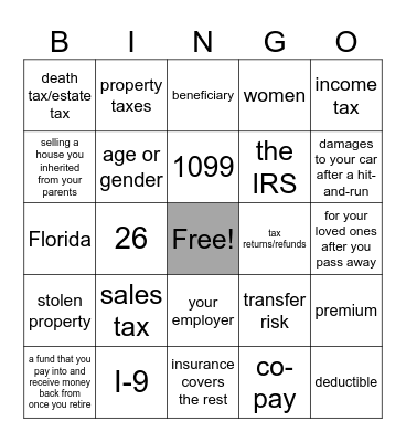 Unit 3 Review: Taxes and Insurance Bingo Card