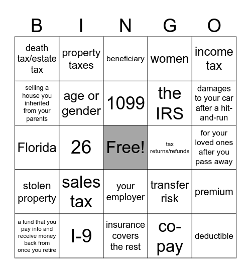 Unit 3 Review: Taxes and Insurance Bingo Card