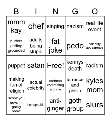 South Park bingo Card