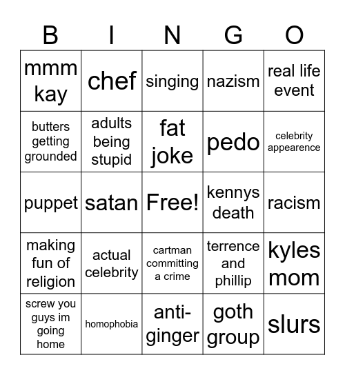 South Park bingo Card