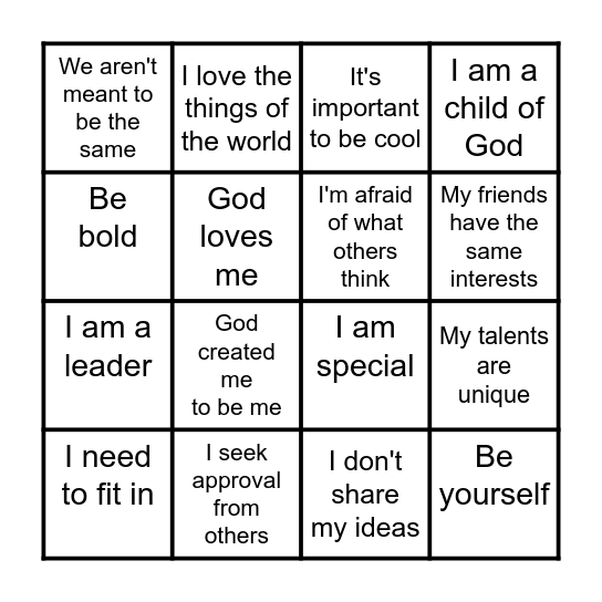 BE WHO GOD CREATED YOU TO BE Bingo Card
