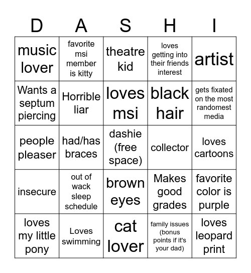 dashie bingo Card