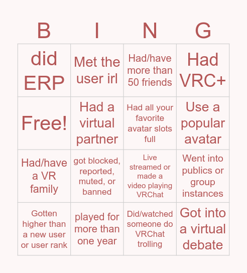 Vrchat Bingo Card