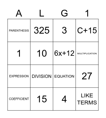 Algebra BINGO Card