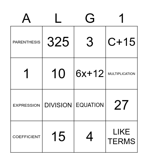Algebra BINGO Card
