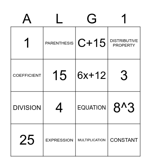 Algebra BINGO Card