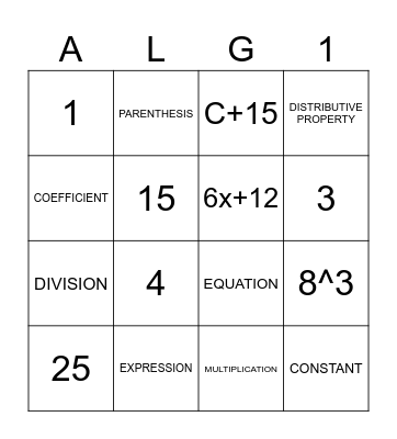 Algebra BINGO Card
