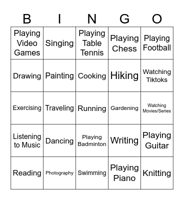 Hobbies Bingo Card