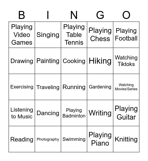 Hobbies Bingo Card