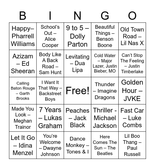 Music Bingo Card