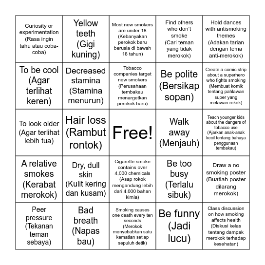 Smoking Prevention Bingo Card