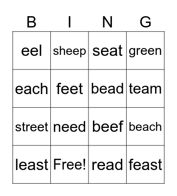 Bingo with -ee and -ea words Bingo Card