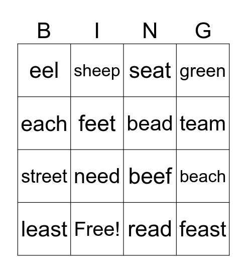 Bingo with -ee and -ea words Bingo Card